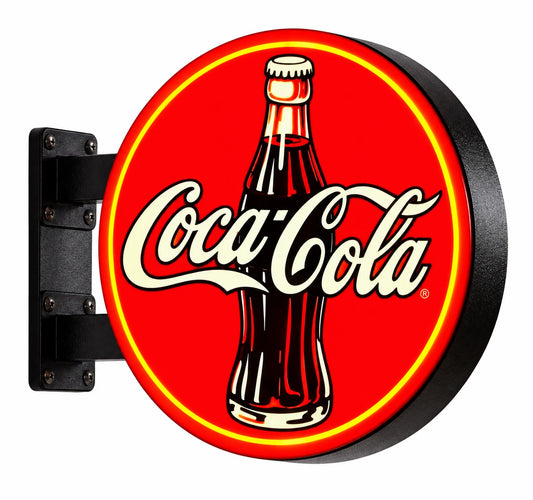 Red Coca-Cola round double-sided light box with black wall brackets