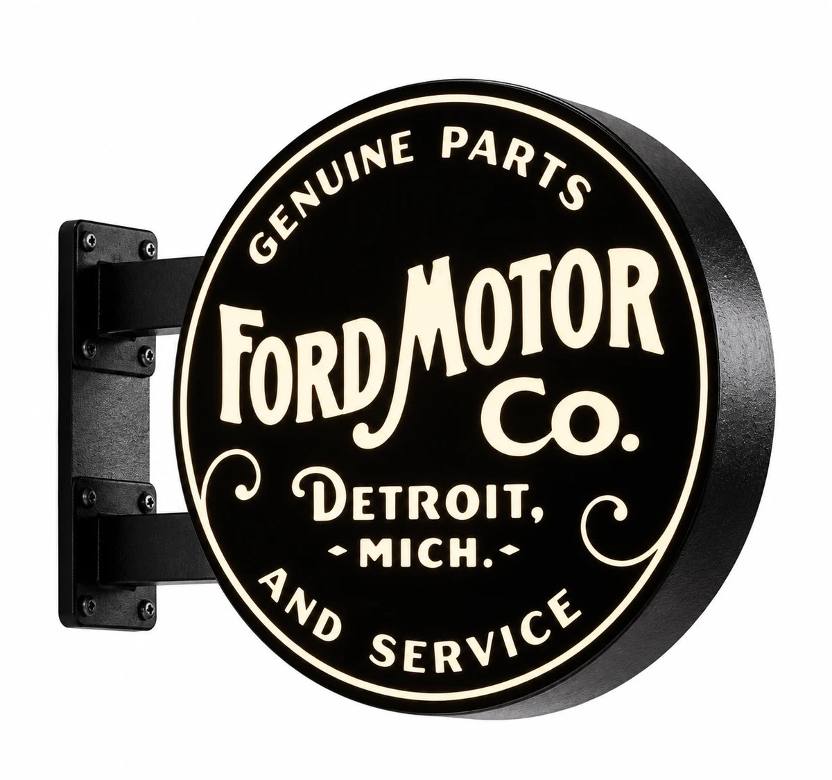 Black and cream Ford Motor Co. round double-sided light box with black wall brackets