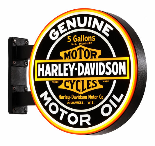 Harley-Davidson Genuine Motor Oil round double-sided light box with black wall brackets