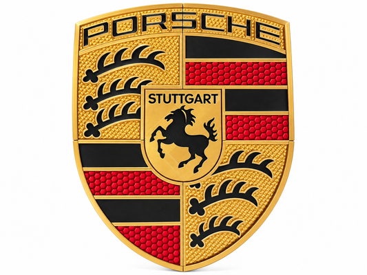 Large Porsche crest wall art in gold, red and black on a white background