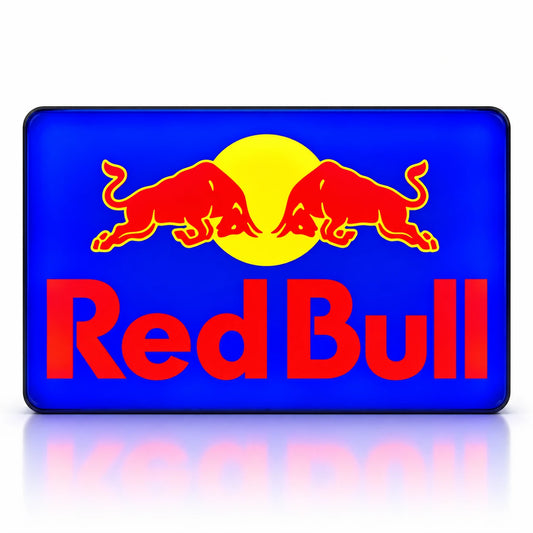 Red Bull light box, blue panel with the red bulls and yellow sun logo