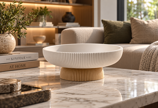 Ribbed pedestal catch-all tray styled on a marble coffee table beside books and a plant