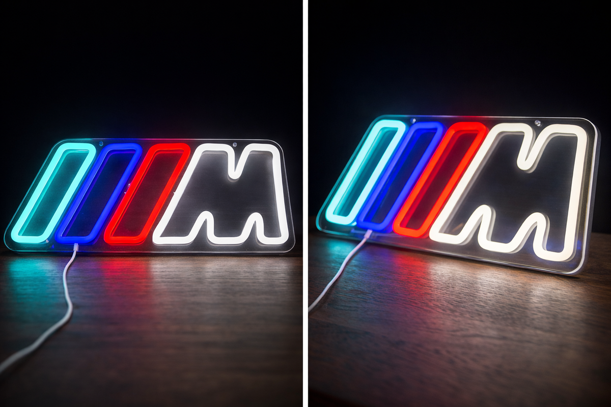 BMW M LED neon sign lit in light blue, blue and red stripes with a white M