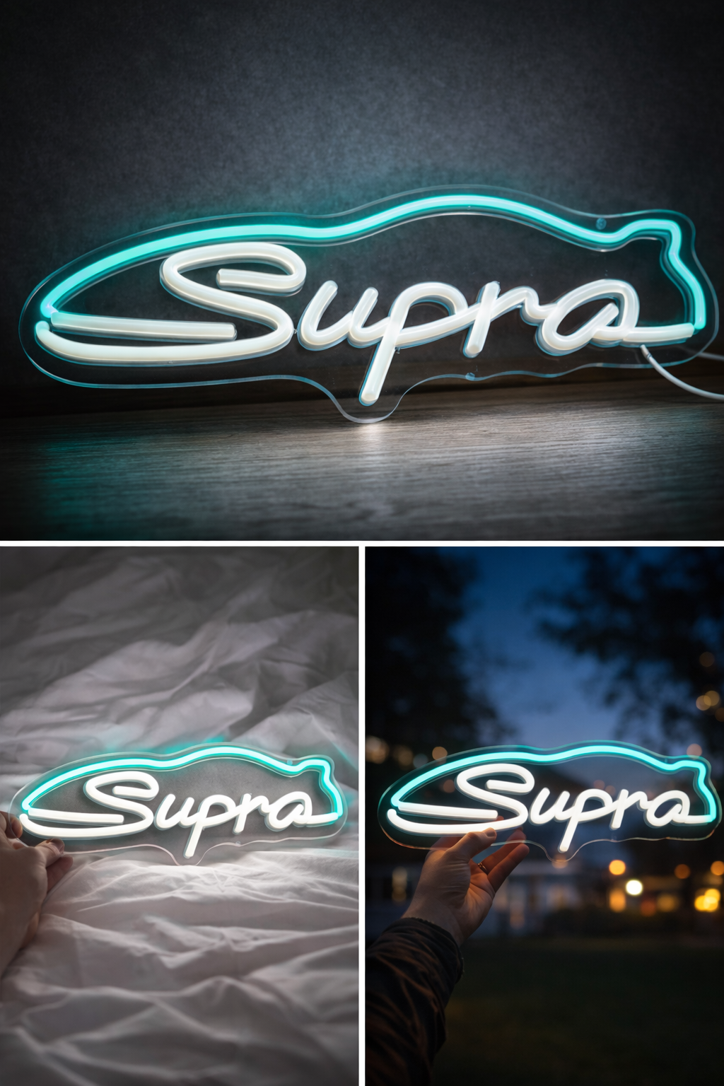 Toyota Supra LED neon sign with white script and a teal car outline, shown in three settings