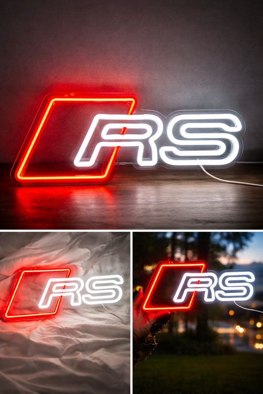 Audi RS LED neon sign lit red and white, shown in three settings