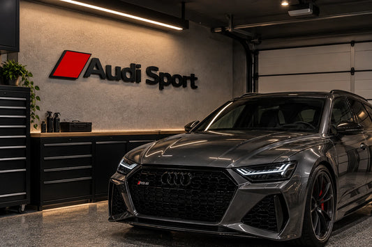 Black Audi Sport letters with a red parallelogram on a garage wall above a workbench, with a grey car parked in front