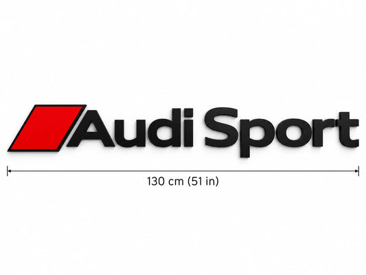 Black Audi Sport letter wall sign with a red parallelogram, marked 130 cm (51 in) wide, on a white background