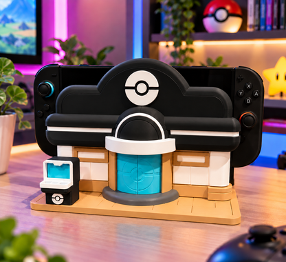 Black Switch 2 display stand with a console on a desk