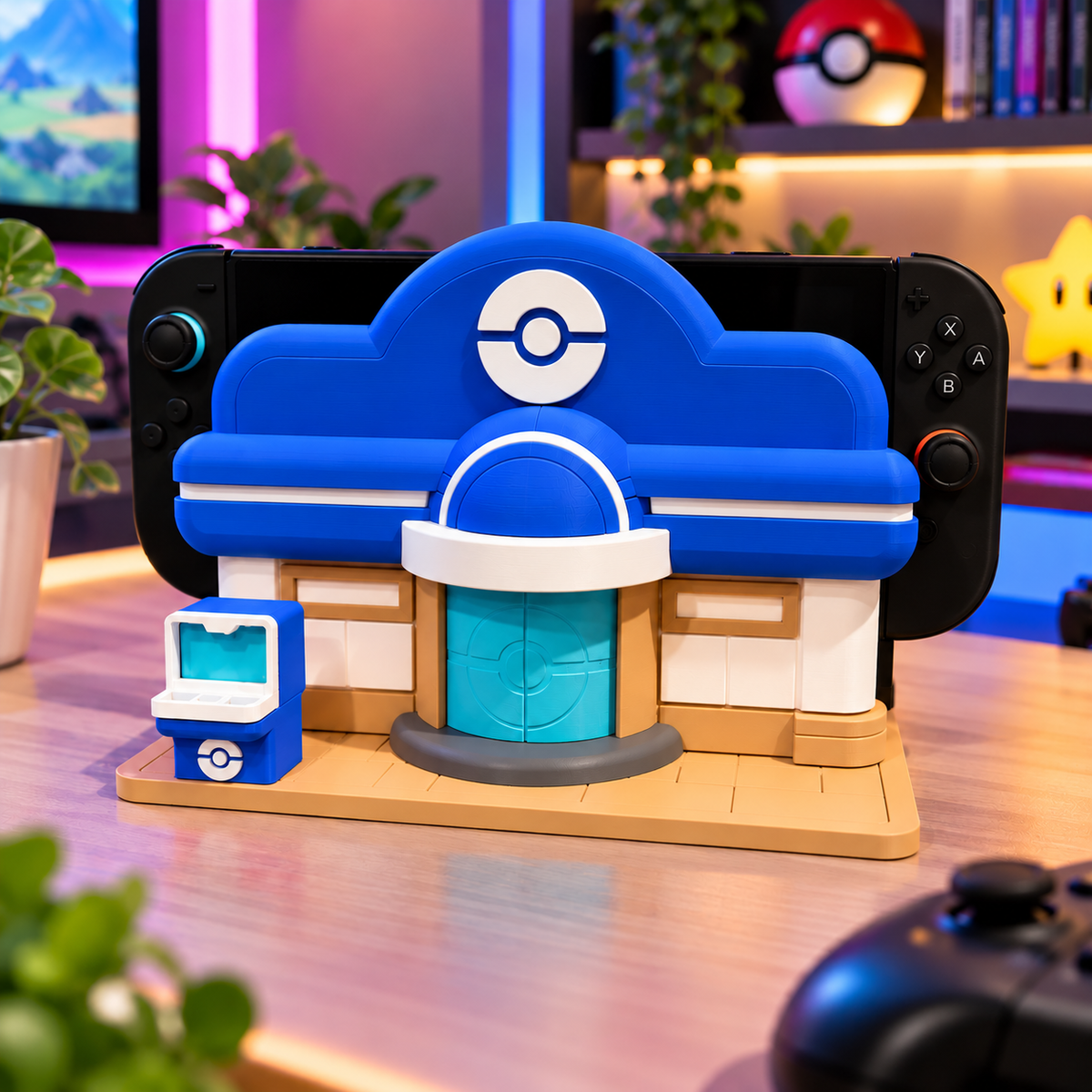 Blue Switch 2 display stand with a console on a desk