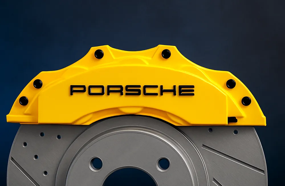 Porsche yellow brake caliper pen holder on rotor
