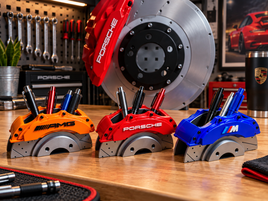 Brake caliper pen holders in a garage