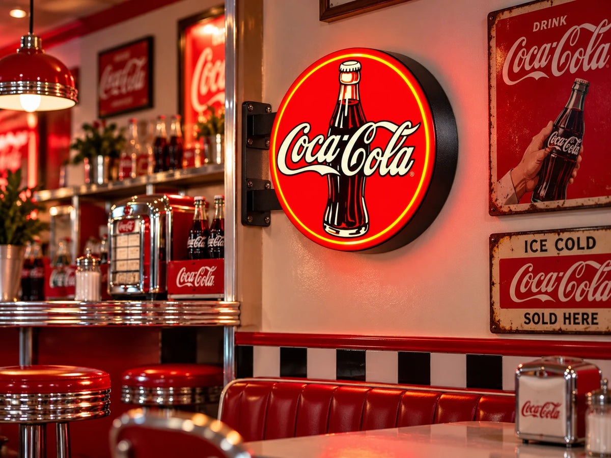 Red Coca-Cola round light box glowing on the wall of a retro diner