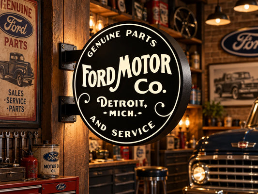 Black and cream Ford Motor Co. round light box mounted on a wooden post in a vintage garage