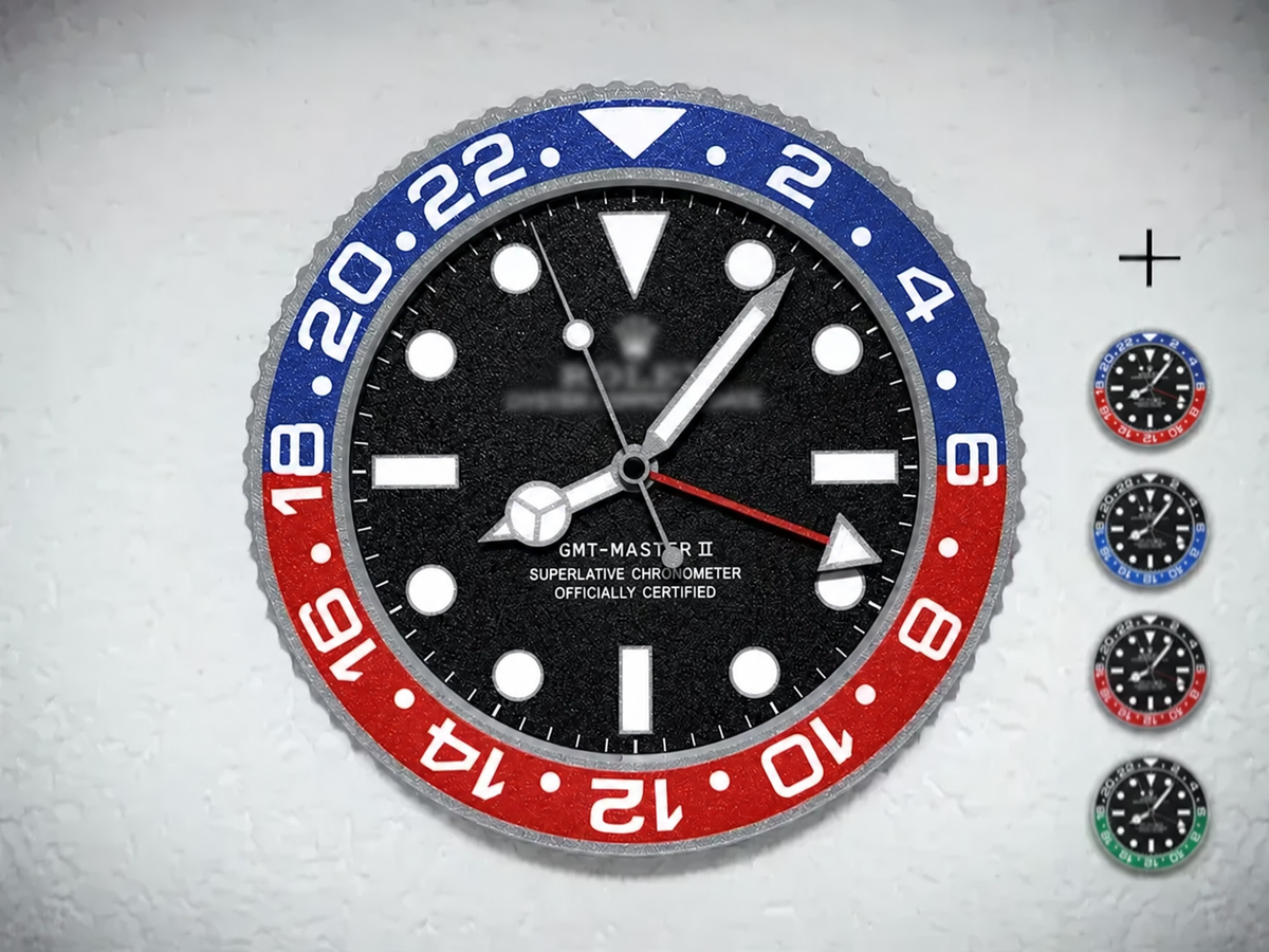 Dual-time wall clock with blue and red bezel on a white wall, with four bezel color options