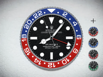 Dual-time wall clock with blue and red bezel on a white wall, with four bezel color options