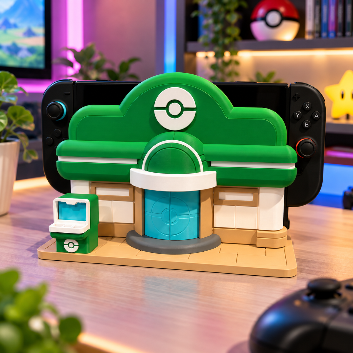 Green Switch 2 display stand with a console on a desk