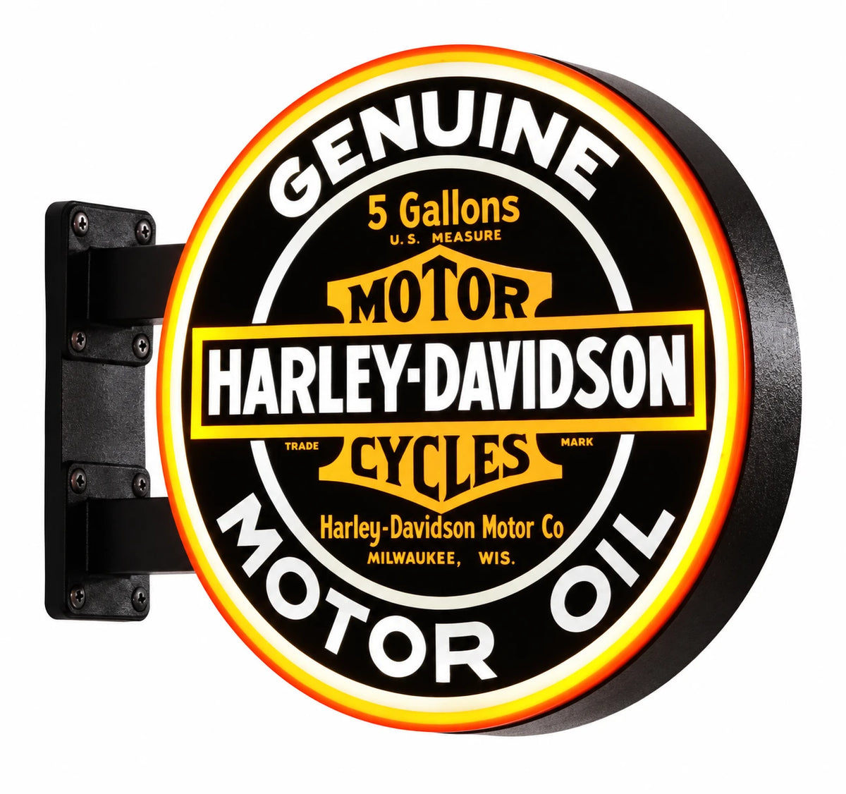 Harley-Davidson Genuine Motor Oil round double-sided light box with black wall brackets