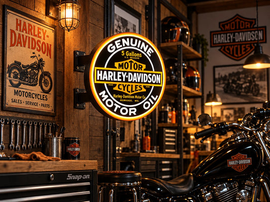 Harley-Davidson Genuine Motor Oil round light box glowing on a wall in a motorcycle garage