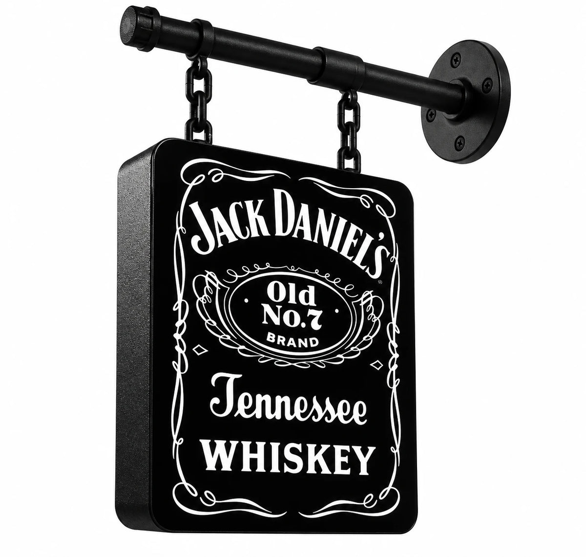 Black and white Jack Daniel's light box hanging from a black wall arm on chains
