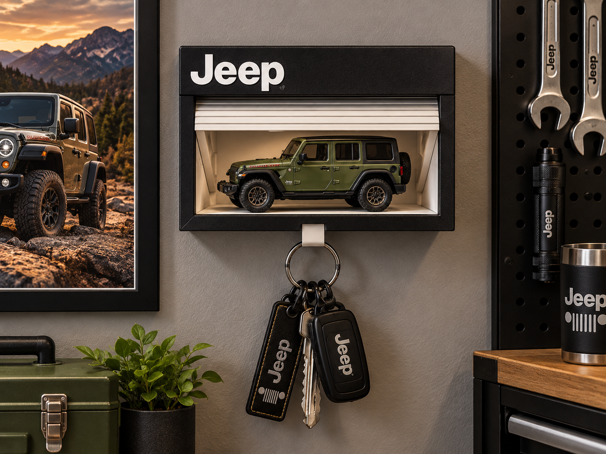 Black Jeep key holder with a white shutter shelf on a garage wall, holding a green die-cast Jeep and a set of keys