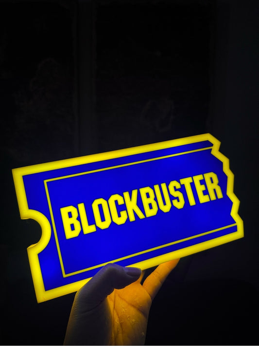 Blockbuster ticket logo light-up sign in blue and yellow
