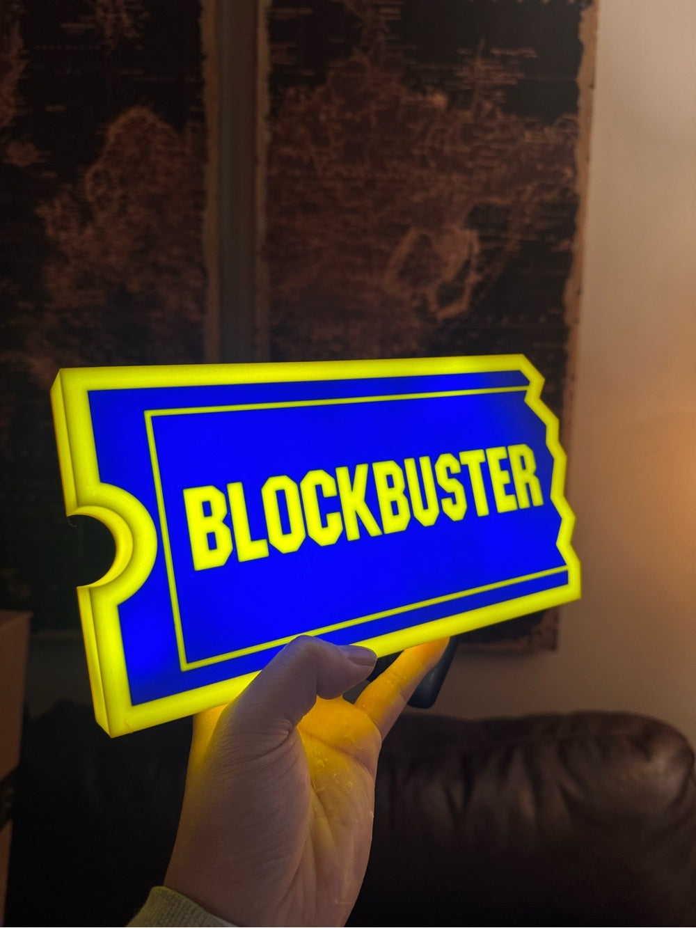 Blockbuster ticket logo light-up sign in blue and yellow, view 2