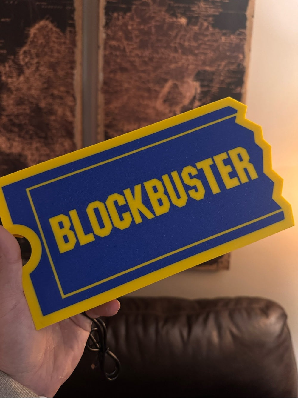 Blockbuster ticket logo light-up sign in blue and yellow, view 4