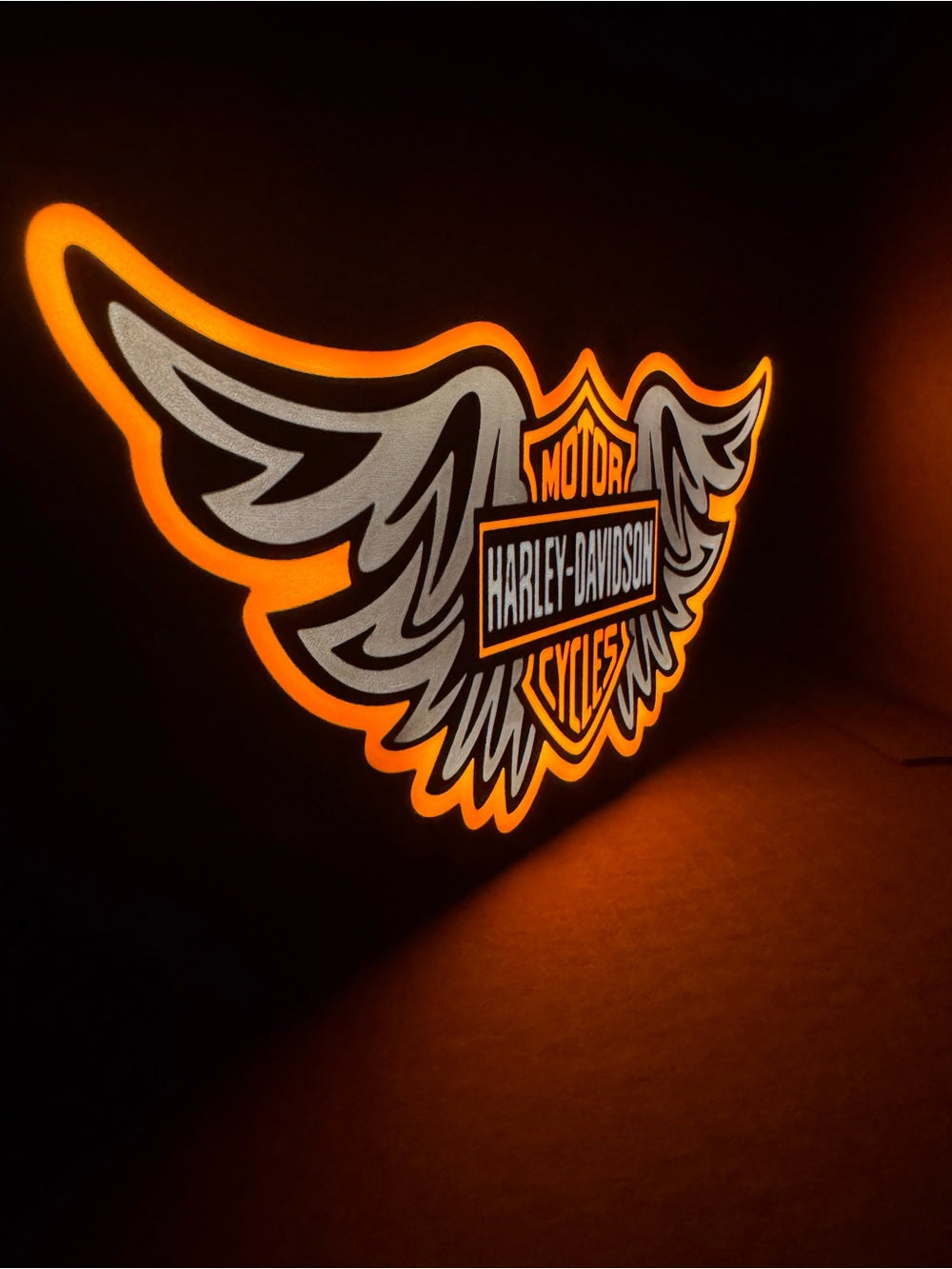 Winged motorcycle emblem light sign, orange backlight, view 2