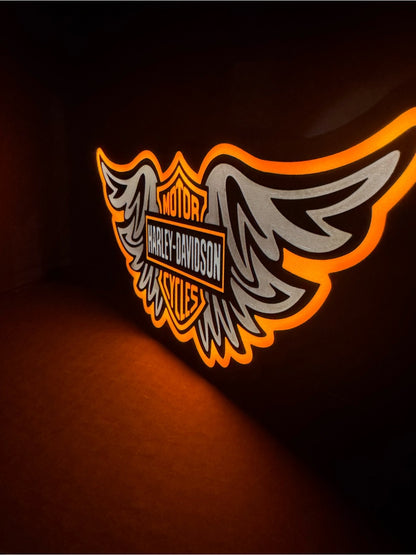 Winged motorcycle emblem light sign, orange backlight, view 3
