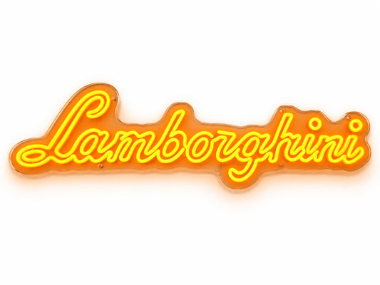 Lamborghini script neon sign in orange and yellow on a white background