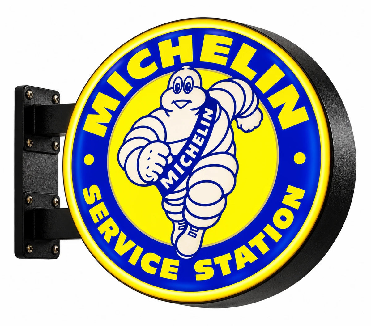 Yellow and blue Michelin Service Station round double-sided light box with black wall brackets