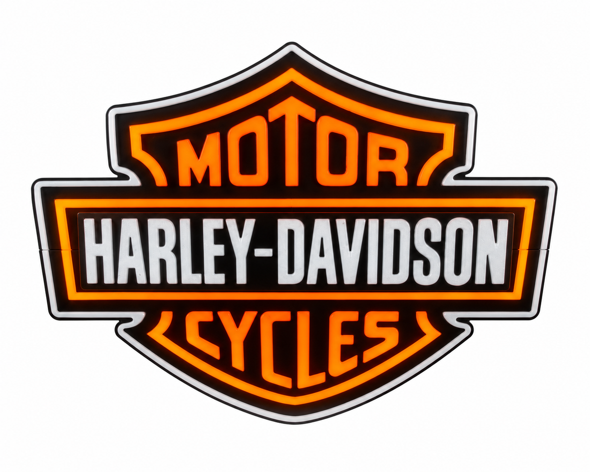 Orange and white motorcycle shield light sign lit up on a white background