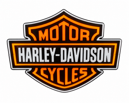 Orange and white motorcycle shield light sign lit up on a white background