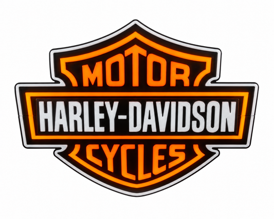 Orange and white motorcycle shield light sign lit up on a white background