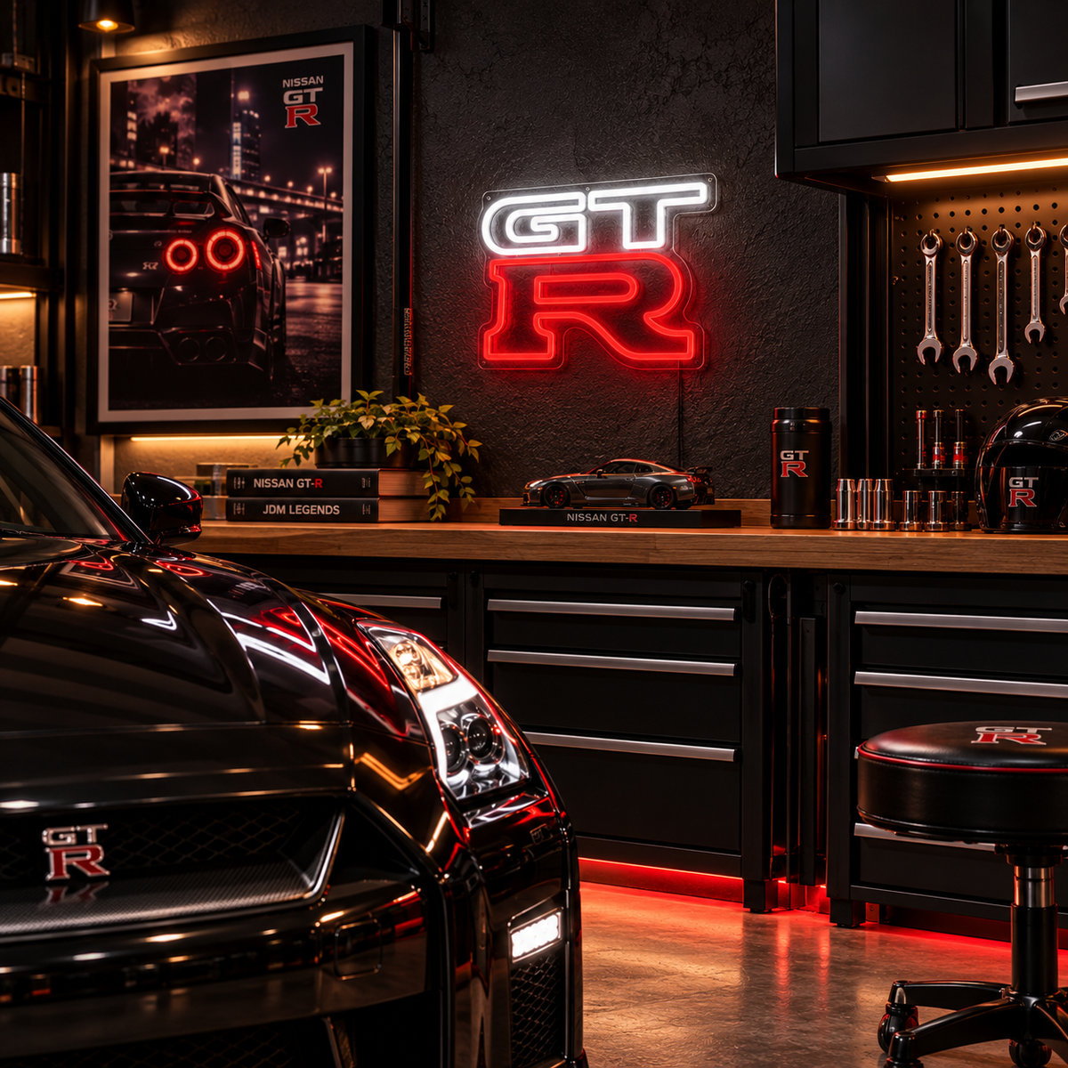 Nissan GT-R LED sign in a black garage