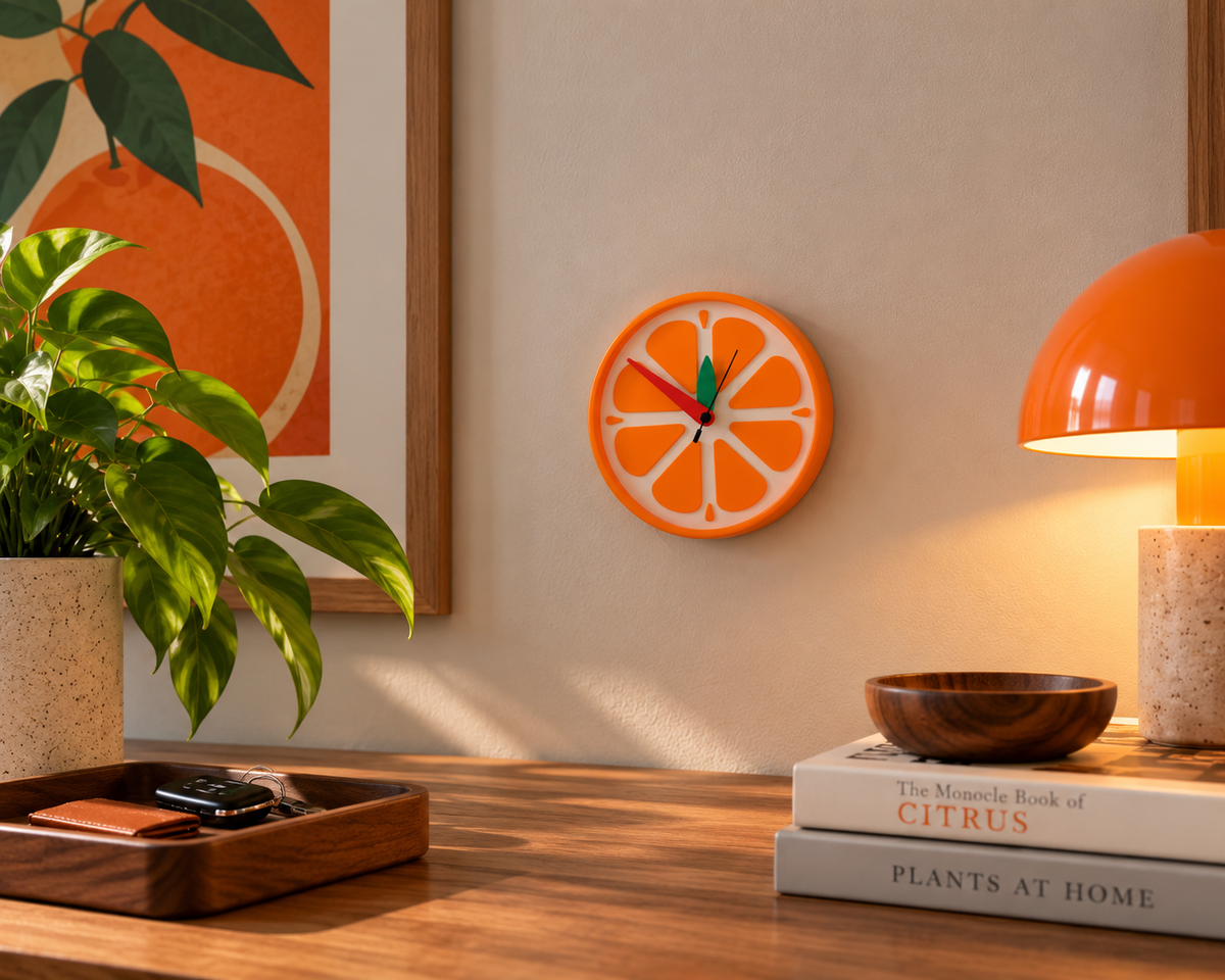 Orange slice wall clock with a green leaf hand on a cream wall above a wooden desk with an orange lamp