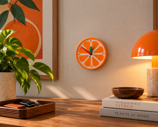 Orange slice wall clock with a green leaf hand on a cream wall above a wooden desk with an orange lamp