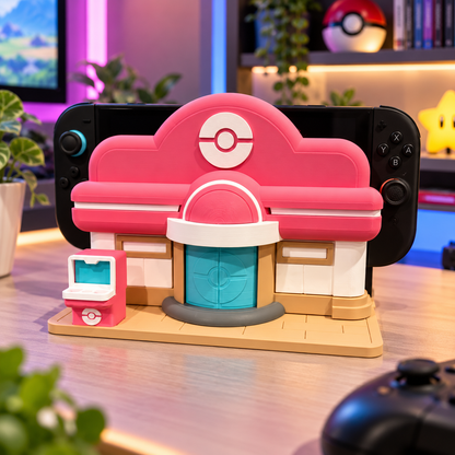 Pink Switch 2 display stand with a console on a desk
