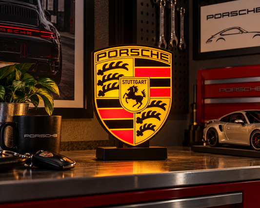 Lit Porsche crest light box standing on a black base on a garage workbench beside a model car and a mug