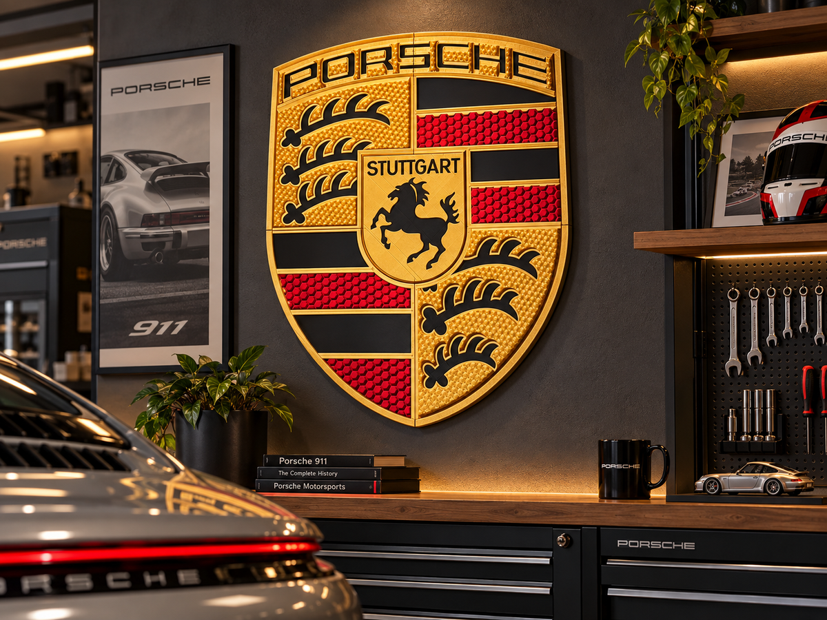 Large Porsche crest wall art in gold, red and black hanging on a garage wall above a workbench, with a grey Porsche in front