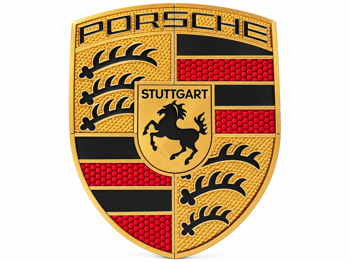 Large Porsche crest wall art in gold, red and black on a white background