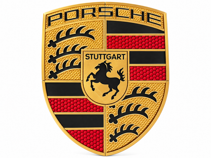 Large Porsche crest wall art in gold, red and black on a white background