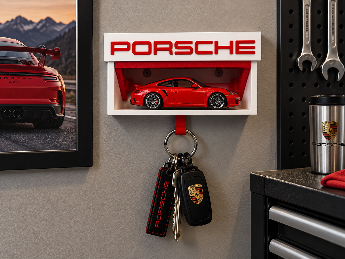 White and red Porsche key holder on a garage wall with a red die-cast Porsche on the shelf and keys on the hook