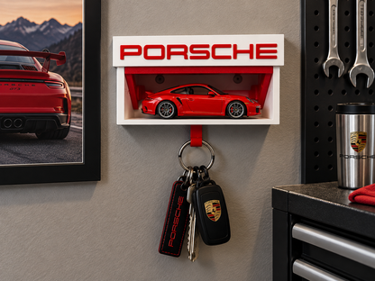 White and red Porsche key holder on a garage wall with a red die-cast Porsche on the shelf and keys on the hook