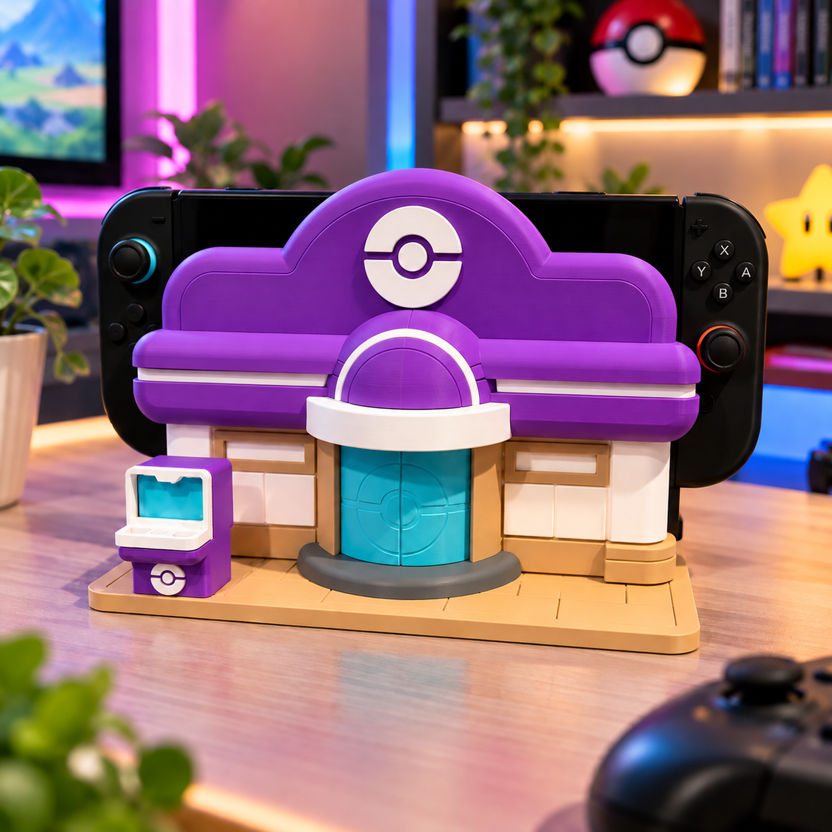 Purple Switch 2 display stand with a console on a desk