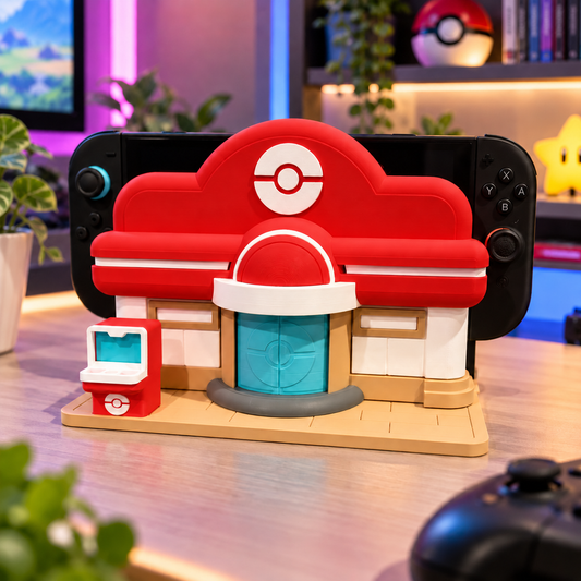 Red Switch 2 display stand with a console on a desk