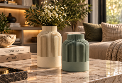Cream and sage green ribbed bottle vases on a marble coffee table, one holding dried flowers