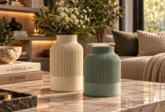 Cream and sage green ribbed bottle vases on a marble coffee table, one holding dried flowers