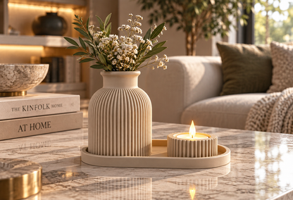 Beige ribbed vase and tealight holder on a compact oval tray with dried flowers