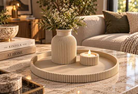 Beige ribbed vase with dried flowers, tealight holder and large round tray on a marble table